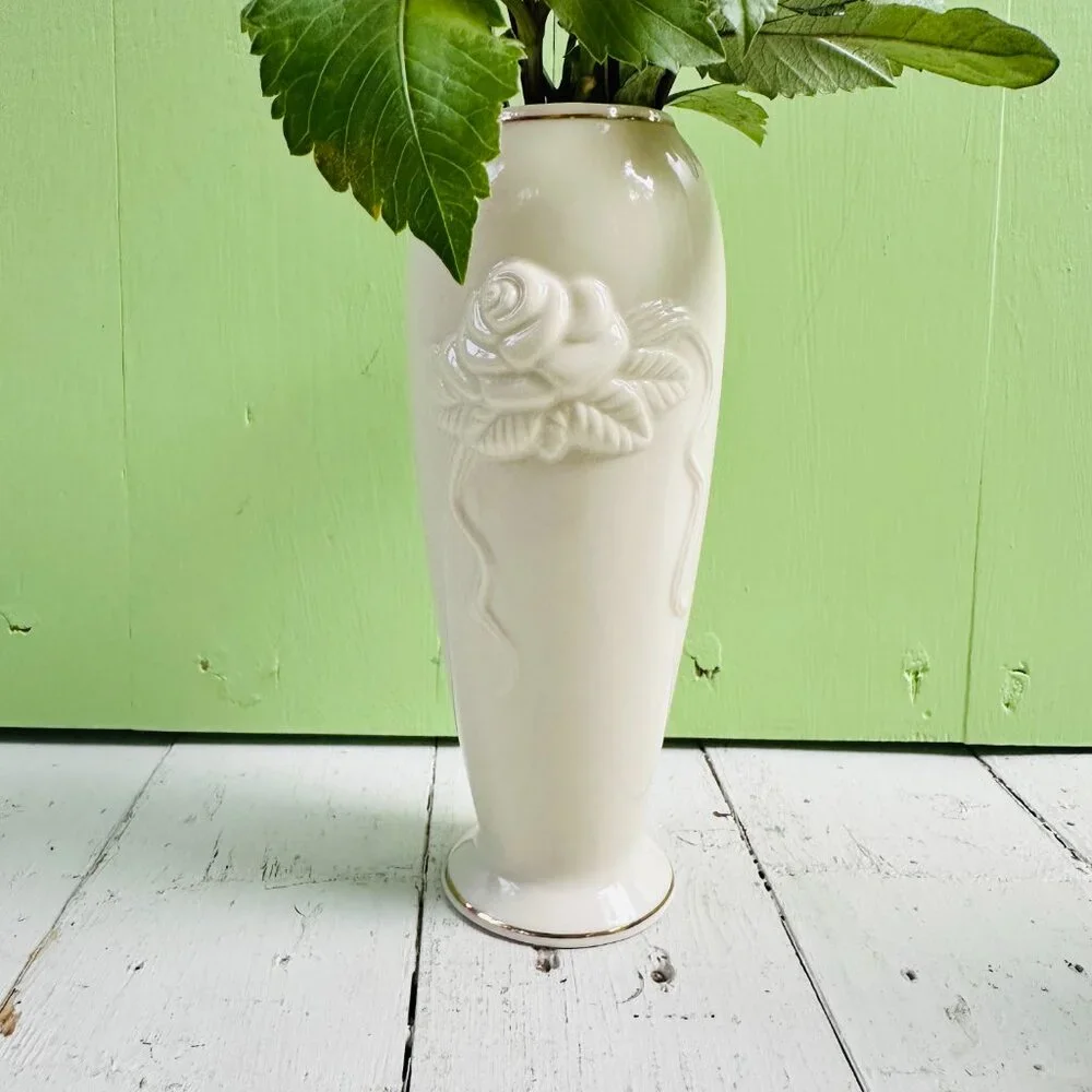 Vintage Lenox Rose Bud Vase Ivory Porcelain Gold Trim Embossed Roses 7.75